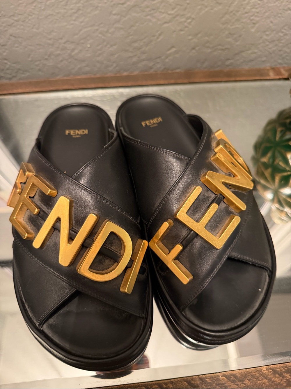 Fendi Black Leather Slides with Gold FENDI Lettering
